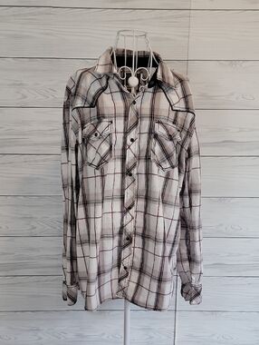 BKE Men's 100% Cotton Plaid Button-Up Shirt - Cream, Black & Burgundy Size XL